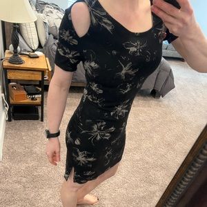Black with grey floral pattern mini dress with a symmetrical shoulders